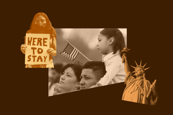 Orange and brown duo-tone images, including the statue of liberty, a young girl holding a sign that says "here to stay" and a child on her dad's shoulders holding an american flag