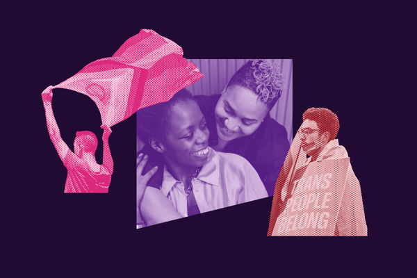 Pink, purple, and red images representing the LGBTQ community