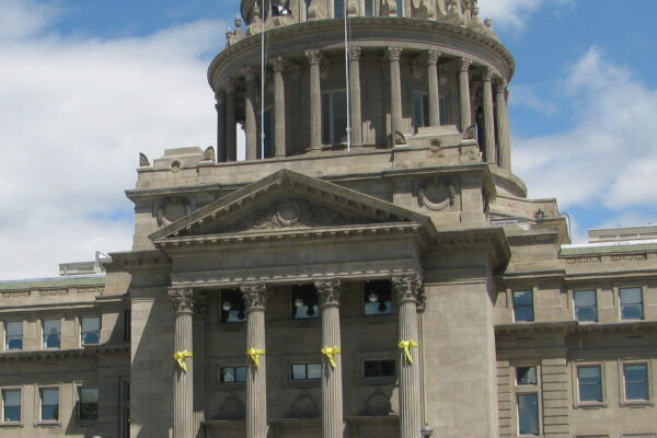 View of capitol building from afar with people standing near the steps