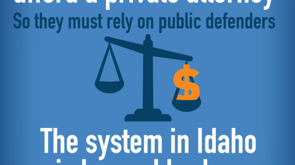 infographic that says "1 in 3 Idahoans can't afford a private attorney so they must rely on public defenders. The system in Idaho is beyond broken. ACLU is working to fix it.