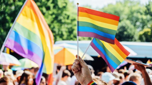 People are waving pride flags at an LGBTQ+ event.