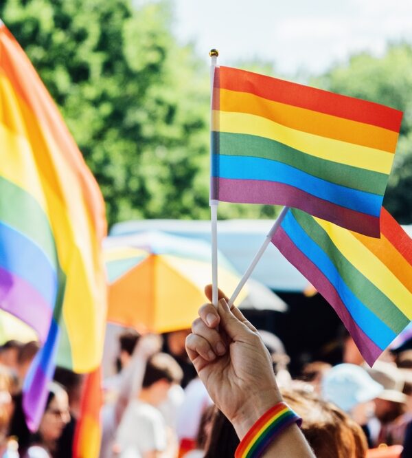 People are waving pride flags at an LGBTQ+ event.
