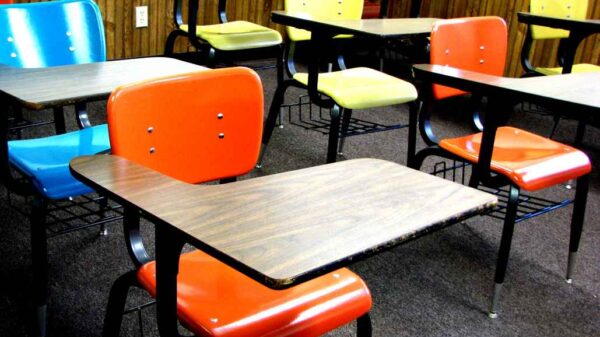 Empty school chairs and desks in a classroom