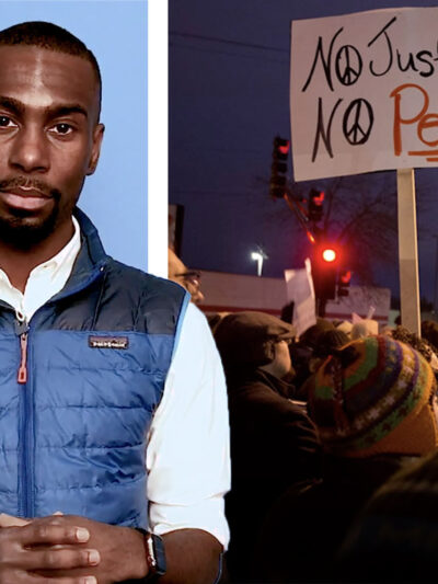 DeRay Mckesson, an adult black man, looks seriously at the camera next to a photo of a protest in which a sign with No Justice No Peace is prominently displayed.