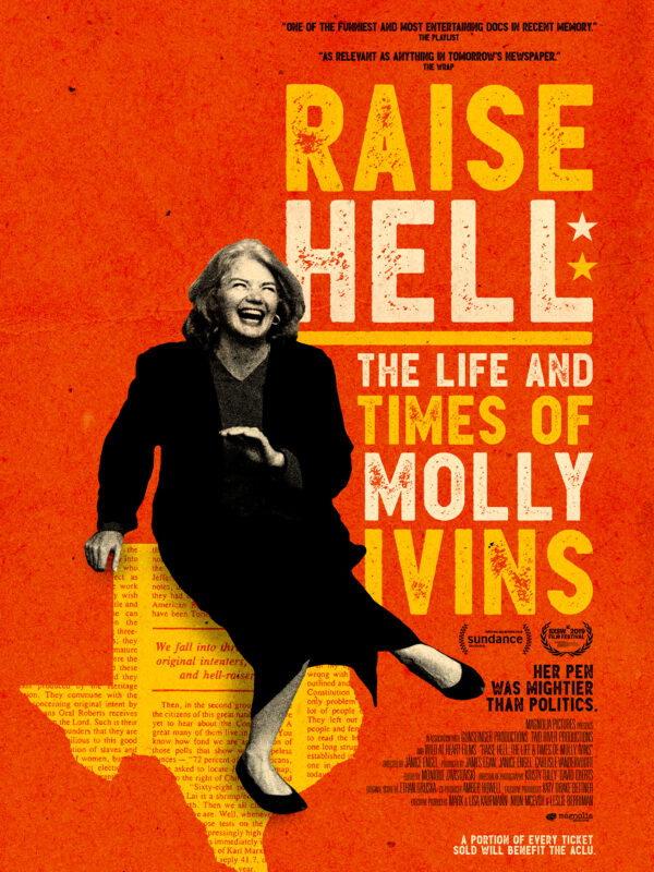 Molly Ivins in black suit laughing and sitting on the state of Texas