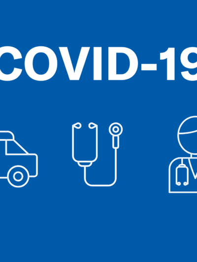 Graphic with abstract icons of an ambulance, stethoscope, and doctor, with the words COVID-19 above it and the ACLU of Idaho below it