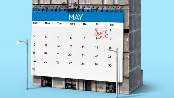 Illustration with a huge calendar on a building showing "RENT DUE" on May 1