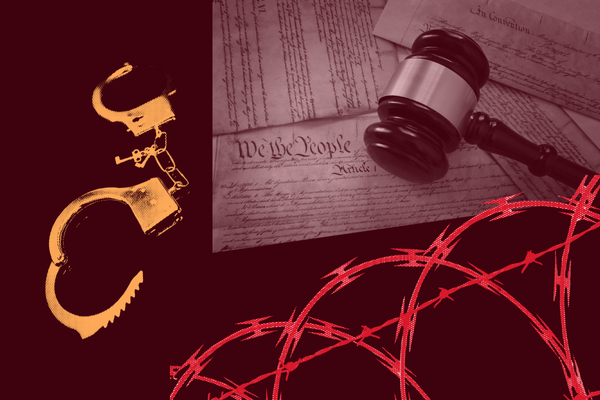 An image showing the U.S. Constitution, a gavel, gold handcuffs, and red barbed wire.