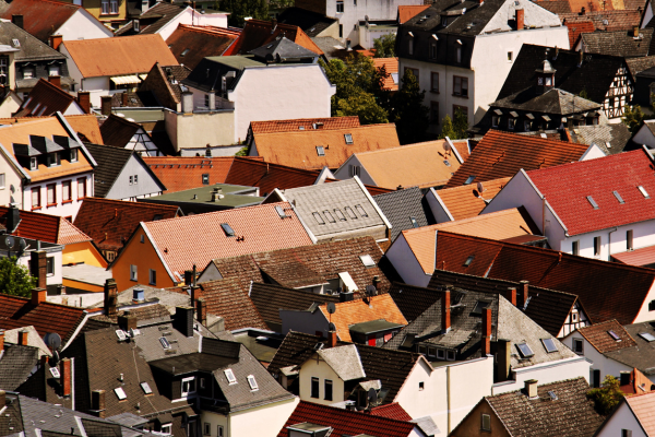 Birds-eye view of a neighborhood with a wide variety of houses