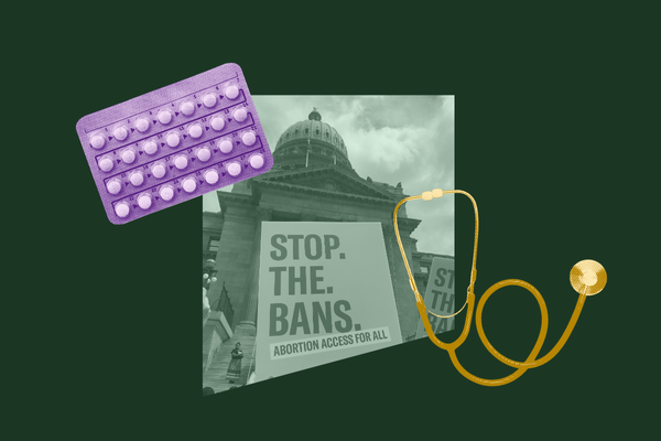 Green, purple, and orange images of birth control, a stethescope, and a sign saying "stop the bans - abortion access for all"