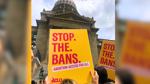 Person holds sign that says "stop. the. bans. abortion access for all." outside the Idaho Capitol building