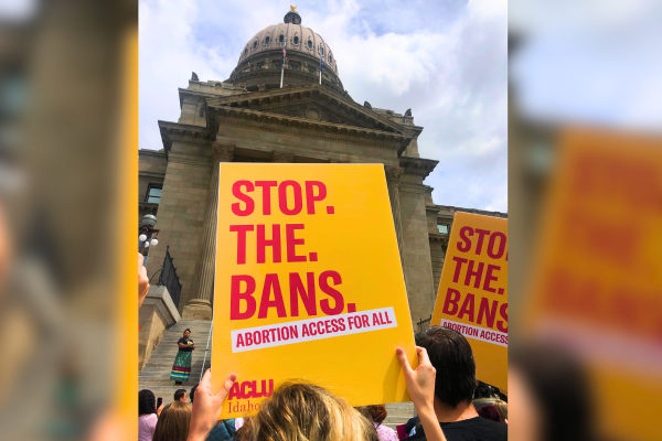 Person holds sign that says "stop. the. bans. abortion access for all." outside the Idaho Capitol building