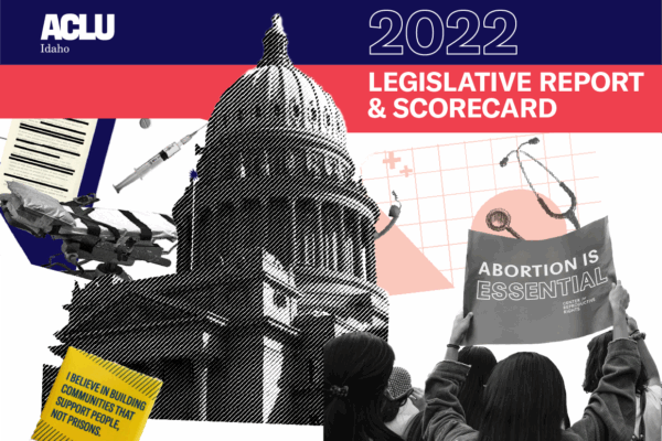Just left of center there is a black and white image of the Idaho statehouse. In the top left there is an image of a mediacal bed and syringe just above the bed and a piece of paper. A person holds a sign reading "abortion is essential" in bottom right.