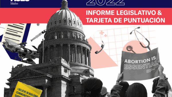 Just left of center there is a black and white image of the Idaho statehouse. In the top left there is an image of a mediacal bed and syringe just above the bed and a piece of paper. A person holds a sign reading "abortion is essential" in bottom right.