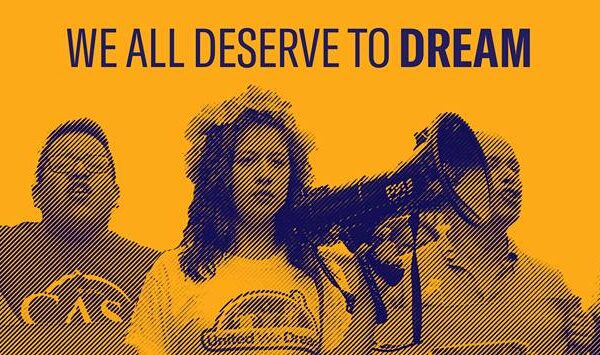 A Yellow rectangle has the words "we all deserve to dream" at the top in blue letters. There are 5 people pictured below. The person in the middle has a blowhorn in their hand, raised almost to their face.