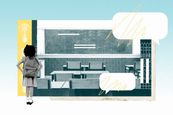Image of girl standing in front of a classroom full of empty word bubbles