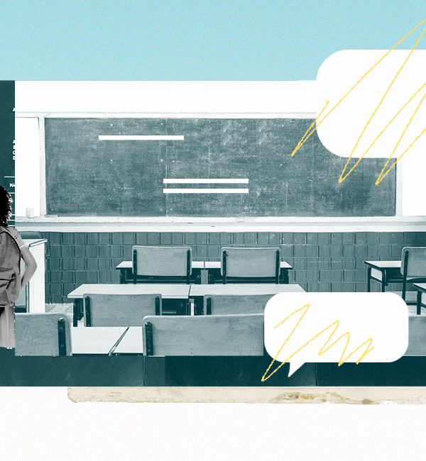 Image of girl standing in front of a classroom full of empty word bubbles