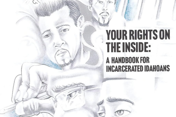 Illustrated cover featuring men's faces and two hands, with text about rights for incarcerated Idahoans. Transcribed Text: YOUR RIGHTS ON THE INSIDE: A HANDBOOK FOR INCARCERATED IDAHOANS