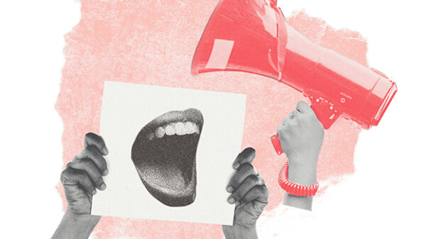 A rectangle holds a collage image. At the bottom there is a pair of hands holding up a piece of paper with an open mouth on it. To the right is a hand holding a blowhorn in red.