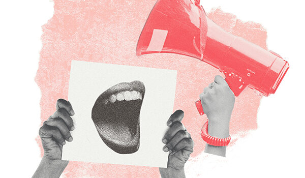 A rectangle holds a collage image. At the bottom there is a pair of hands holding up a piece of paper with an open mouth on it. To the right is a hand holding a blowhorn in red.