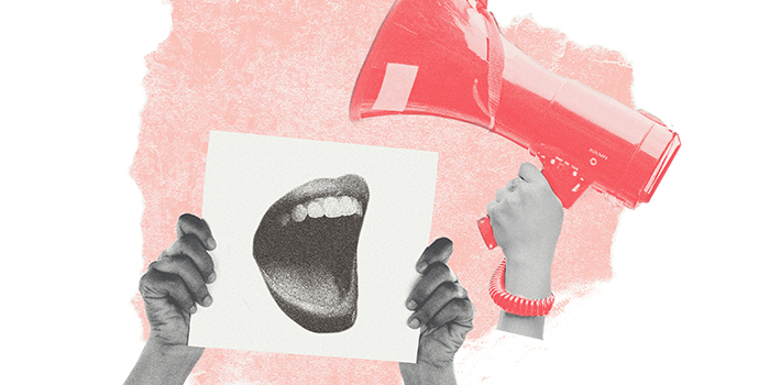 A rectangle holds a collage image. At the bottom there is a pair of hands holding up a piece of paper with an open mouth on it. To the right is a hand holding a blowhorn in red.