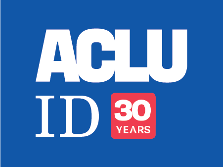 A bluesquare that has the ACLU Idaho logo in white with a red box next to it holding "30 years" to the right is a colorful picture of the Statue of Liberty from the neck up.