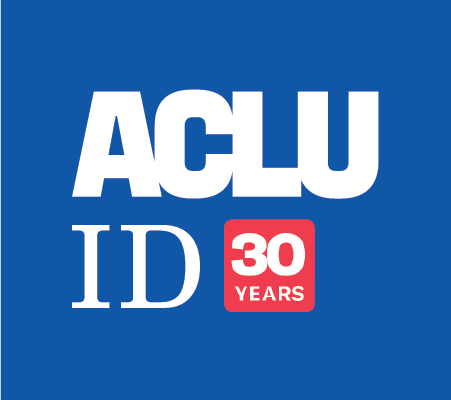 A bluesquare that has the ACLU Idaho logo in white with a red box next to it holding "30 years" to the right is a colorful picture of the Statue of Liberty from the neck up.