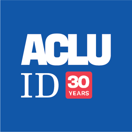 A bluesquare that has the ACLU Idaho logo in white with a red box next to it holding "30 years" to the right is a colorful picture of the Statue of Liberty from the neck up.