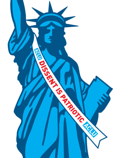 A picture of the Statue of Liberty with a raised clenched fist. She is wearing a long white ribbon in front with "Dissent is Patriotic" in red lettering.
