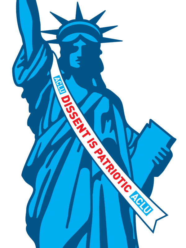 A picture of the Statue of Liberty with a raised clenched fist. She is wearing a long white ribbon in front with "Dissent is Patriotic" in red lettering.
