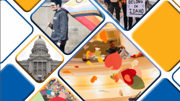 Cover of legislative report with differently shaped diamonds, some depicting images from the 2024 legislative session. The title of the report and the ACLU of Idaho are at the top.