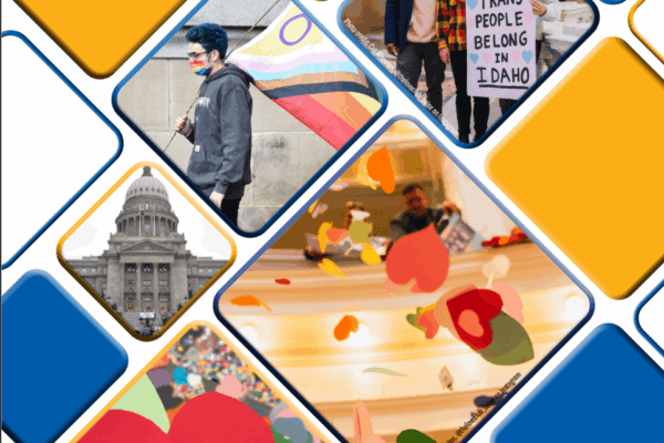 Cover of legislative report with differently shaped diamonds, some depicting images from the 2024 legislative session. The title of the report and the ACLU of Idaho are at the top.