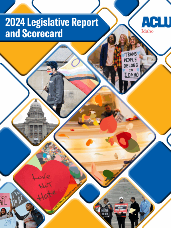 Cover of legislative report with differently shaped diamonds, some depicting images from the 2024 legislative session. The title of the report and the ACLU of Idaho are at the top.