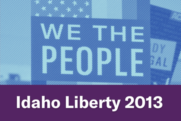 A blue image of a person holding a "We The People" sign. Text below the image reads "Idaho Liberty 2013"