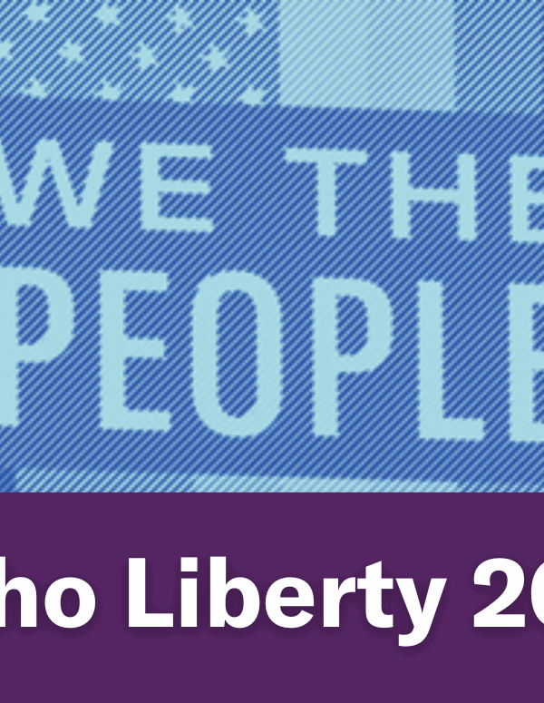 A blue image of a person holding a "We The People" sign. Text below the image reads "Idaho Liberty 2013"