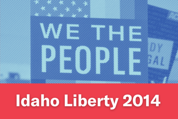 A blue image of a person holding a "We The People" sign. Text below the image reads "Idaho Liberty 2014"
