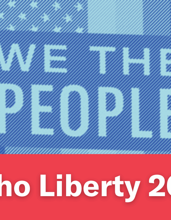 A blue image of a person holding a "We The People" sign. Text below the image reads "Idaho Liberty 2014"
