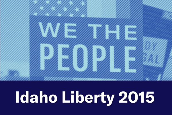 A blue image of a person holding a "We The People" sign. Text below the image reads "Idaho Liberty 2015"