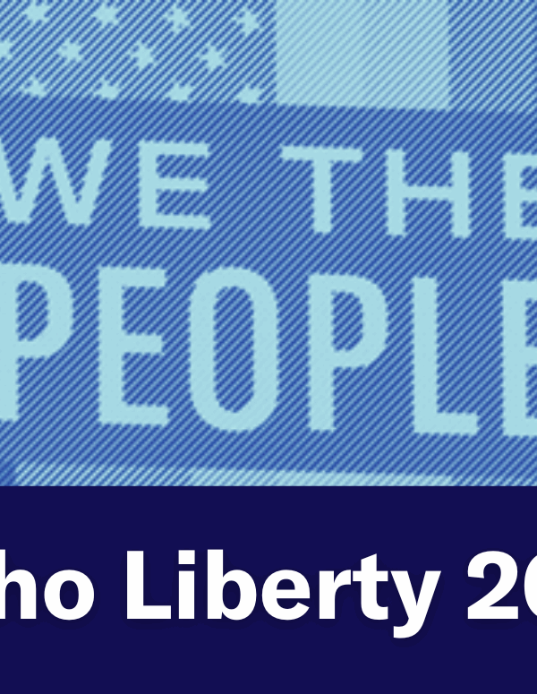 A blue image of a person holding a "We The People" sign. Text below the image reads "Idaho Liberty 2015"