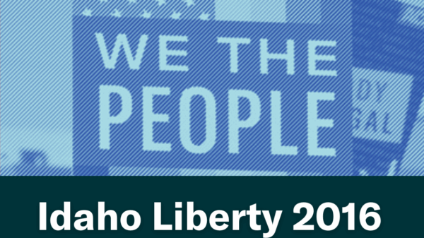 A blue image of a person holding a "We The People" sign. Text below the image reads "Idaho Liberty 2016"