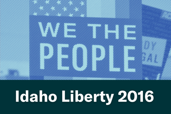A blue image of a person holding a "We The People" sign. Text below the image reads "Idaho Liberty 2016"