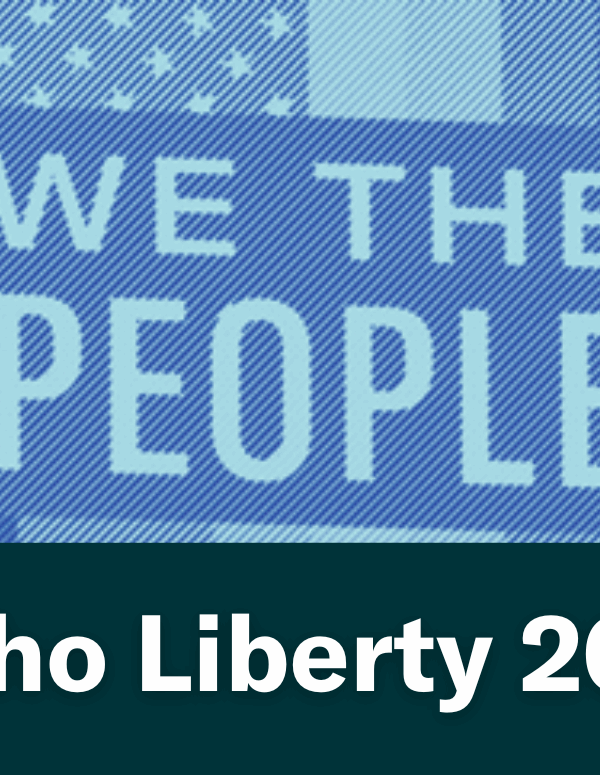 A blue image of a person holding a "We The People" sign. Text below the image reads "Idaho Liberty 2016"