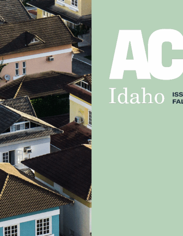 Photos of homes next to a green background. Text includes the ACLU of Idaho logo and "Issue Number XIV Fall/Winter 2020"