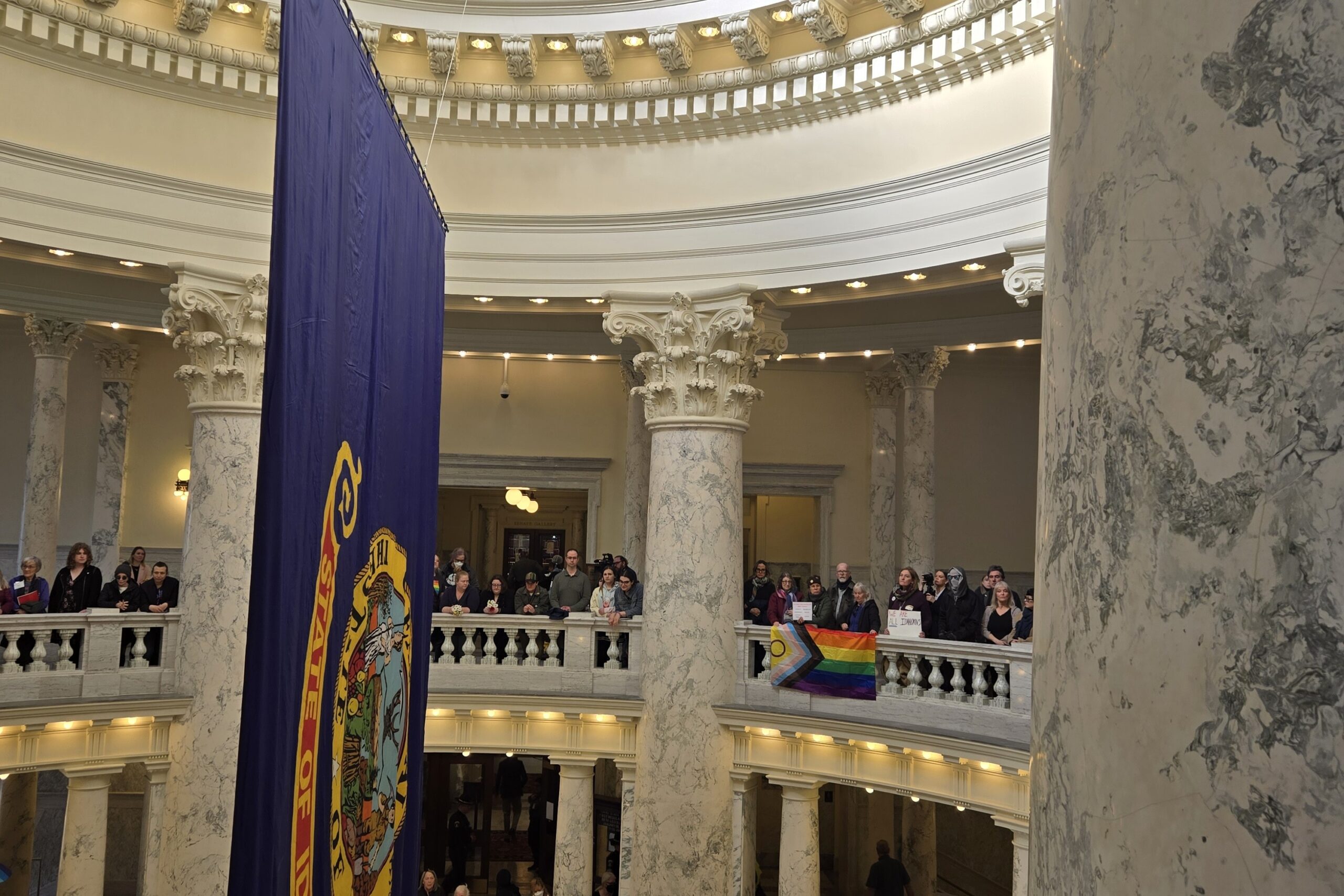 LGBTQ flag being displayed in the Idaho Capitol