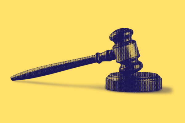 Yellow background with a graphic of a dark blue gavel.