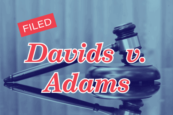 Bold red text reads "filed: Davids v. Adams" with a blue image of a gavel in the background.