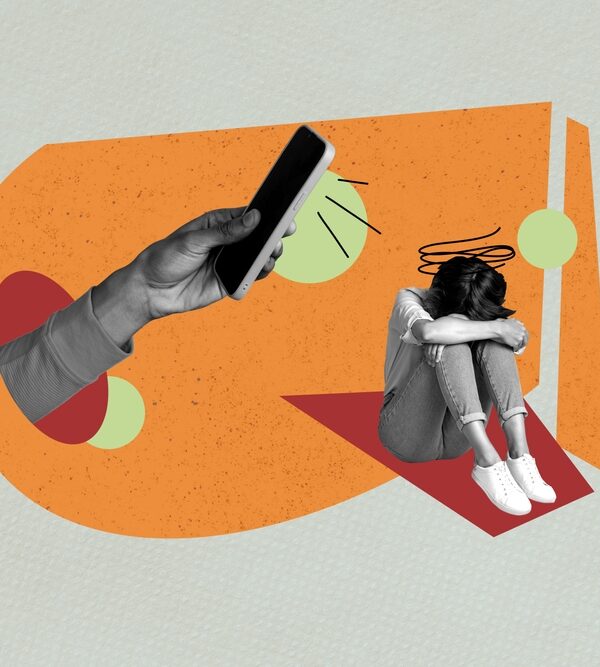 a graphic with orange, red, and light green shapes int he background. includes black and white images of an upset child and someone holding a phone, depicting cyberbullying.
