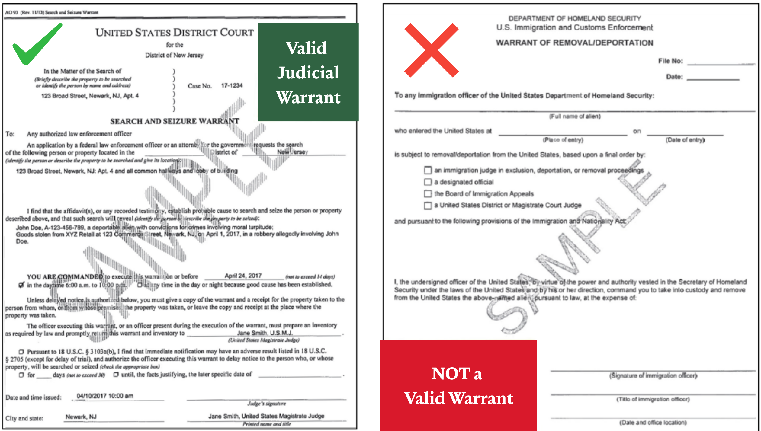 Examples of a valid judicial warrant and an insufficient ICE warrant.