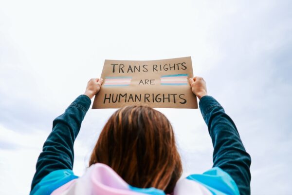 Person wearing a trans flag holding a sign up that says 'trans rights are human rights'