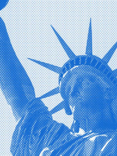 Blue textured image of Lady Liberty